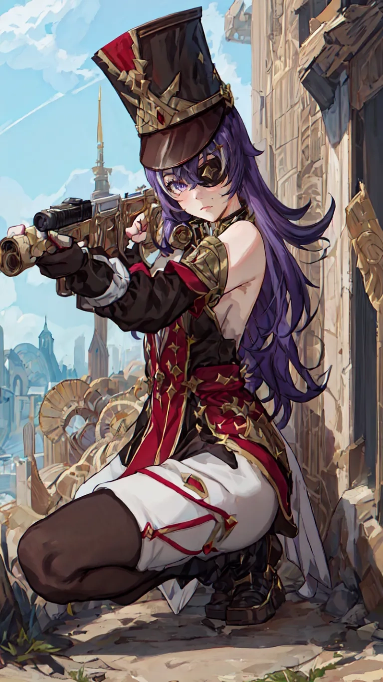 an anime character holding a gun in her hands on a ledge near a city and mountains in a fantasy setting with a large sky background, in the
