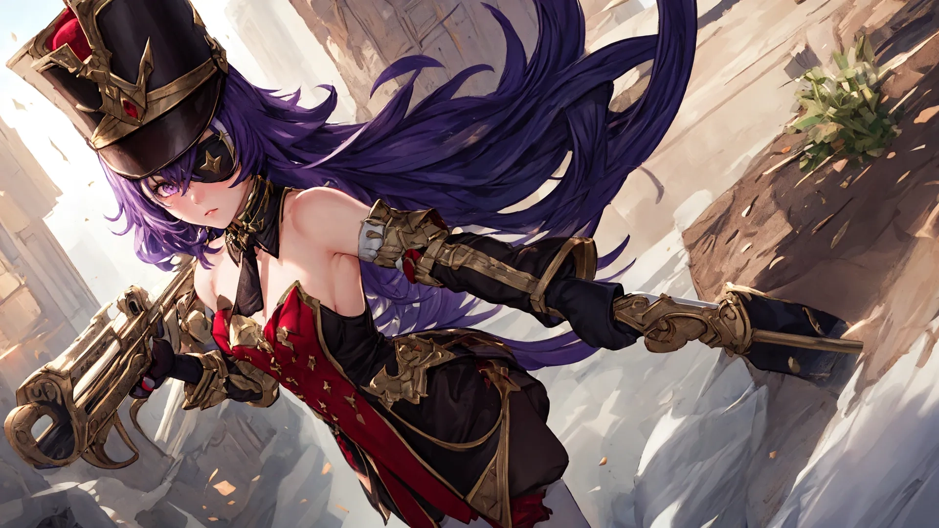 a person is walking through a very large area wearing armor and an all - around dress on their dress clothes with weapons across her body and gloves are in hand