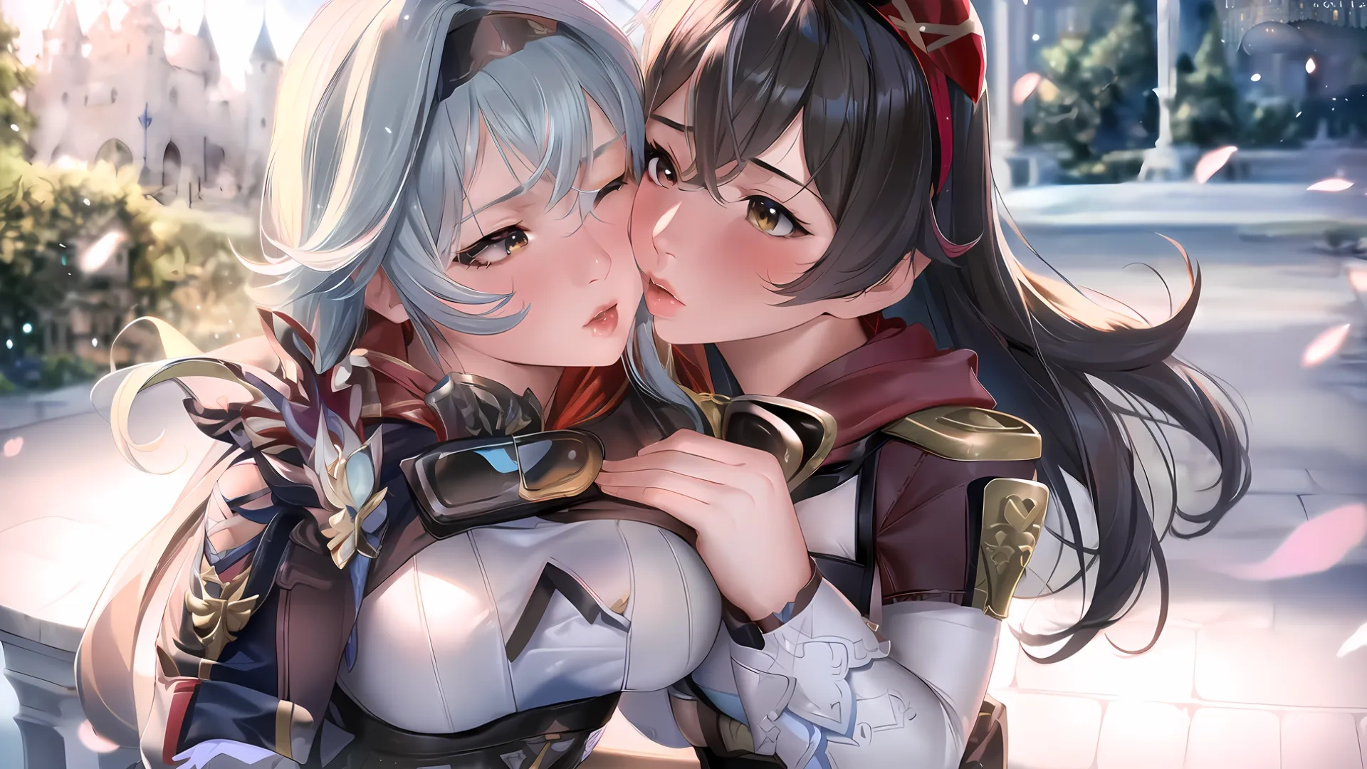 two anime characters are kissing with one another, wearing armor and sword gear on their faces, all facing each other with trees in background on the background