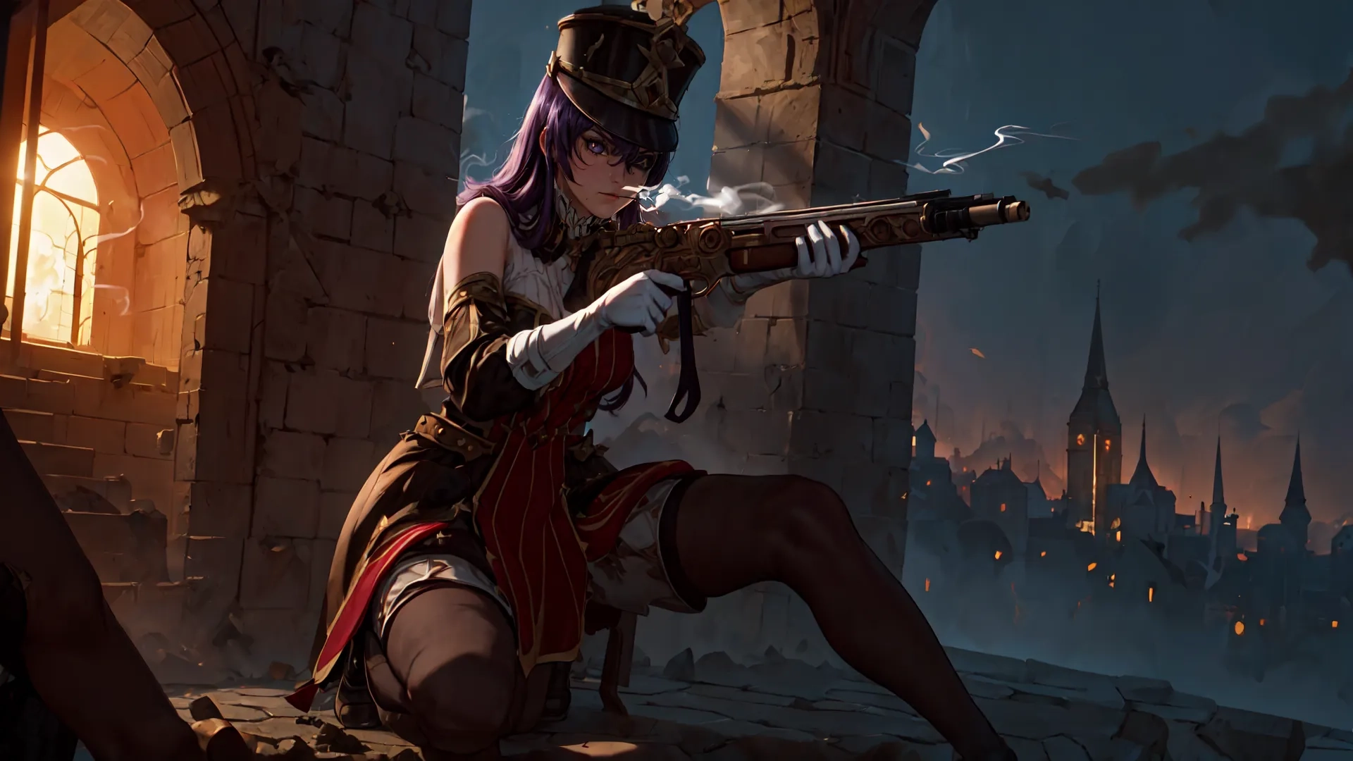 the women in the outfit is posing with the gun in her hand outdoors near an ancient building in the evening night sky lit with bright light lights