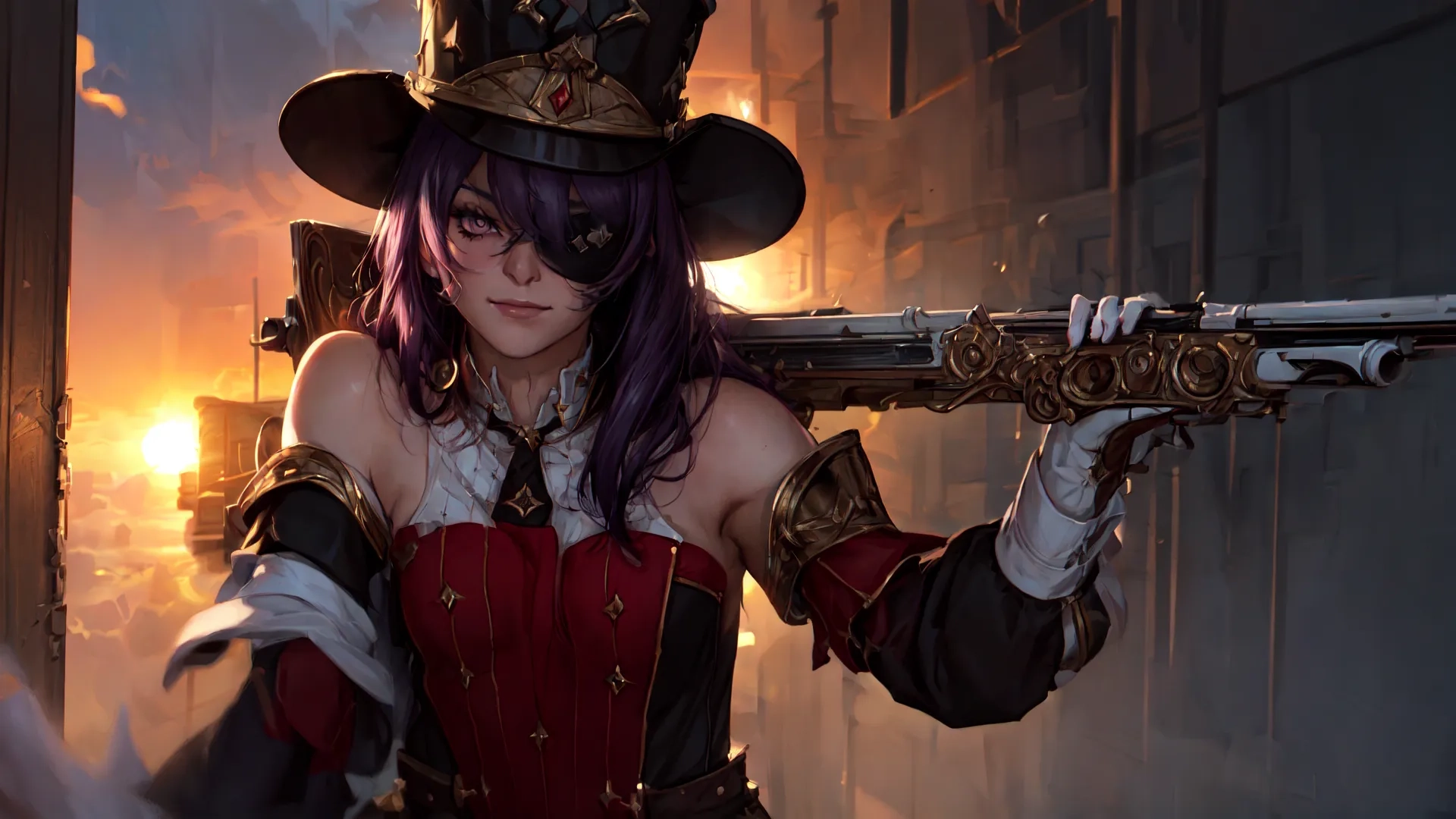 a young woman dressed in costume and posing with her hat on and some swords behind her neck she's facing the right, all are bright yellow sunlight

