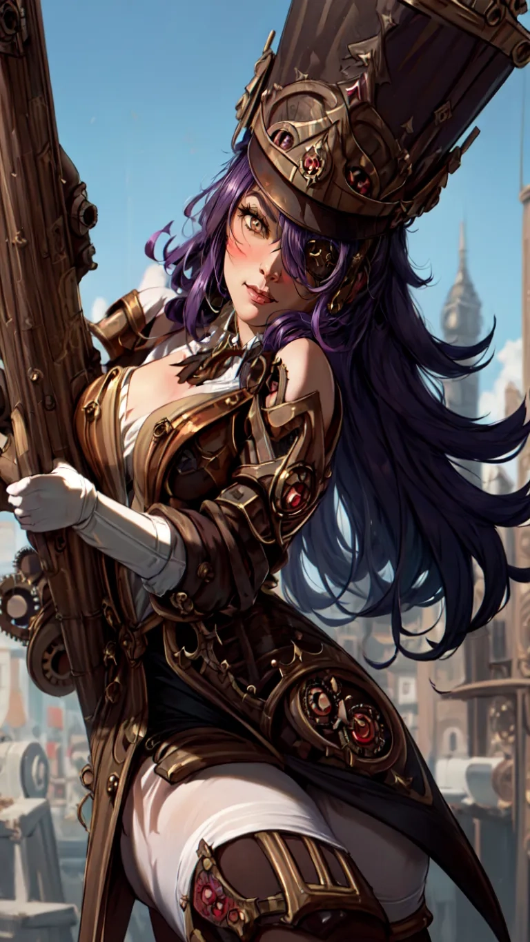 a woman in armor in a city with large spires and a clock tower below it it's top in the sky looking at the camera