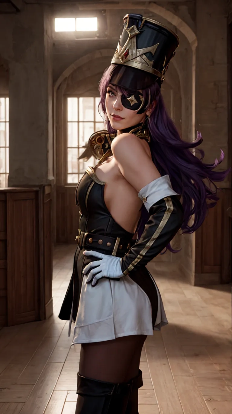 a pretty lady posing in her sexy outfit with steampunk on it's stomach and wearing shoes and garbs a hat, while standing inside an old building
