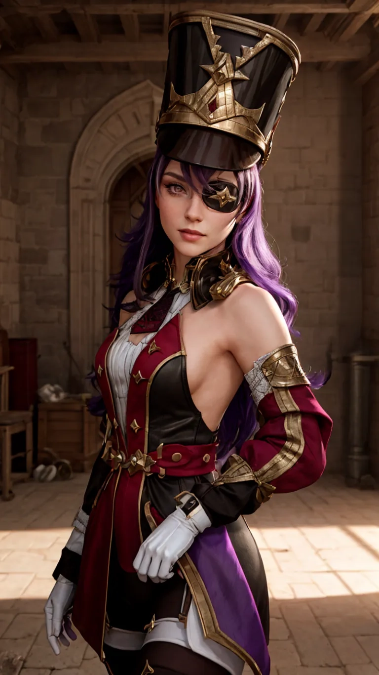 this beautiful woman is dressed up as an officer and has her purple hair fluttering in the wind with two whips on one of them's sides