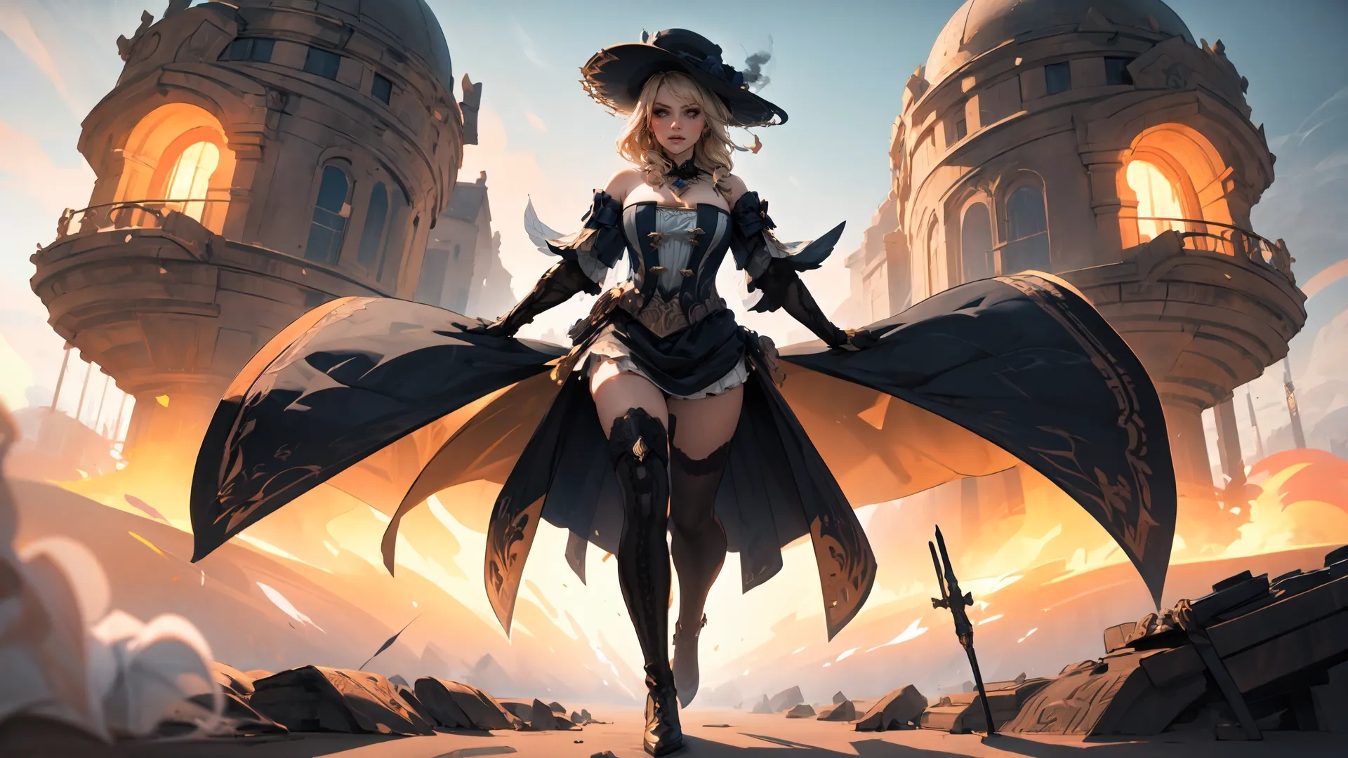 the lady dressed in costume walks in front of a castle, with her hands on her hips, and wearing sunglasses, with long hair in a hat and boots