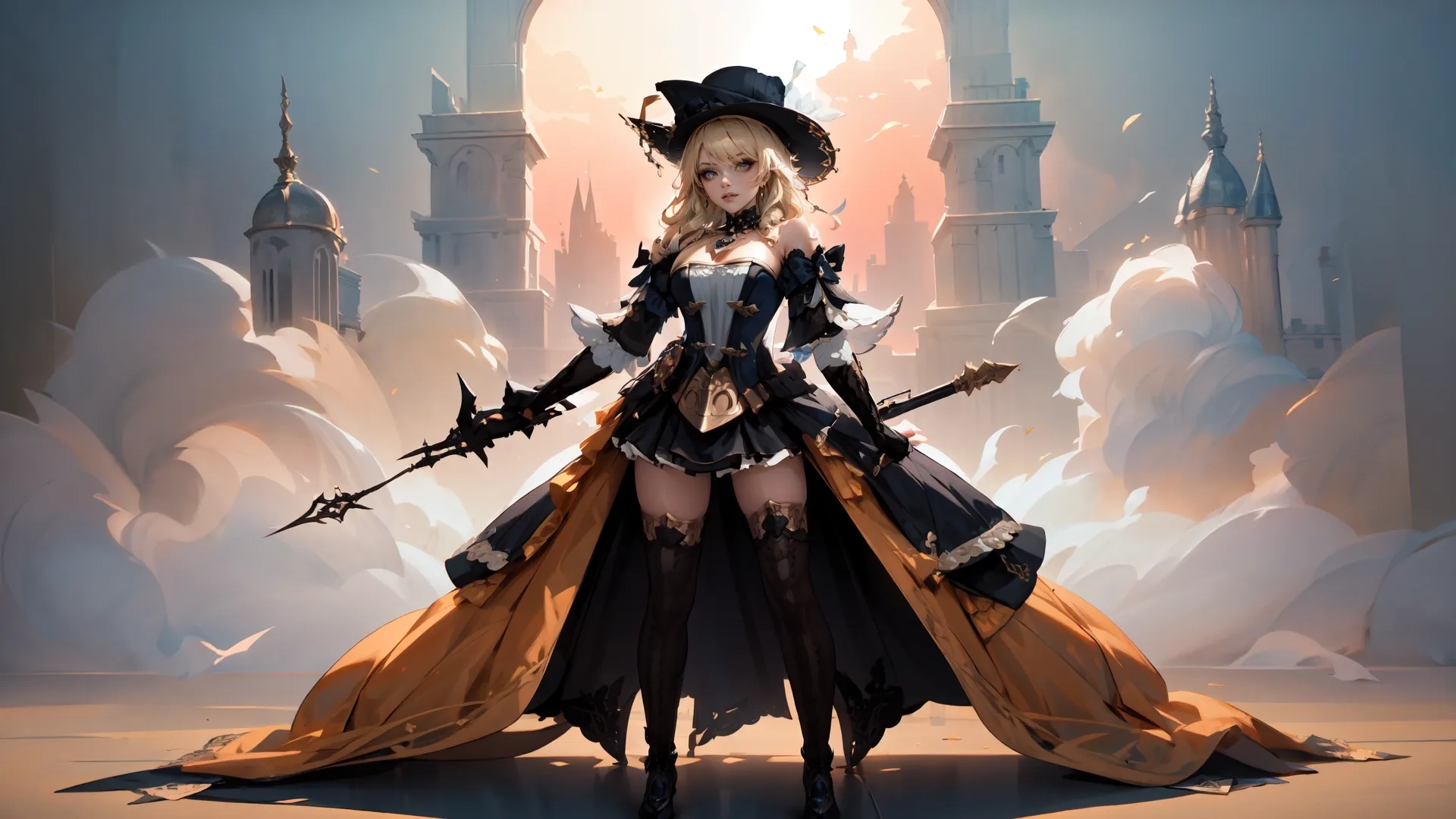 this is an illustration of a female figure in a western fashion outfit standing near a castle area with an ornate sky background and sunbeaming with columns
