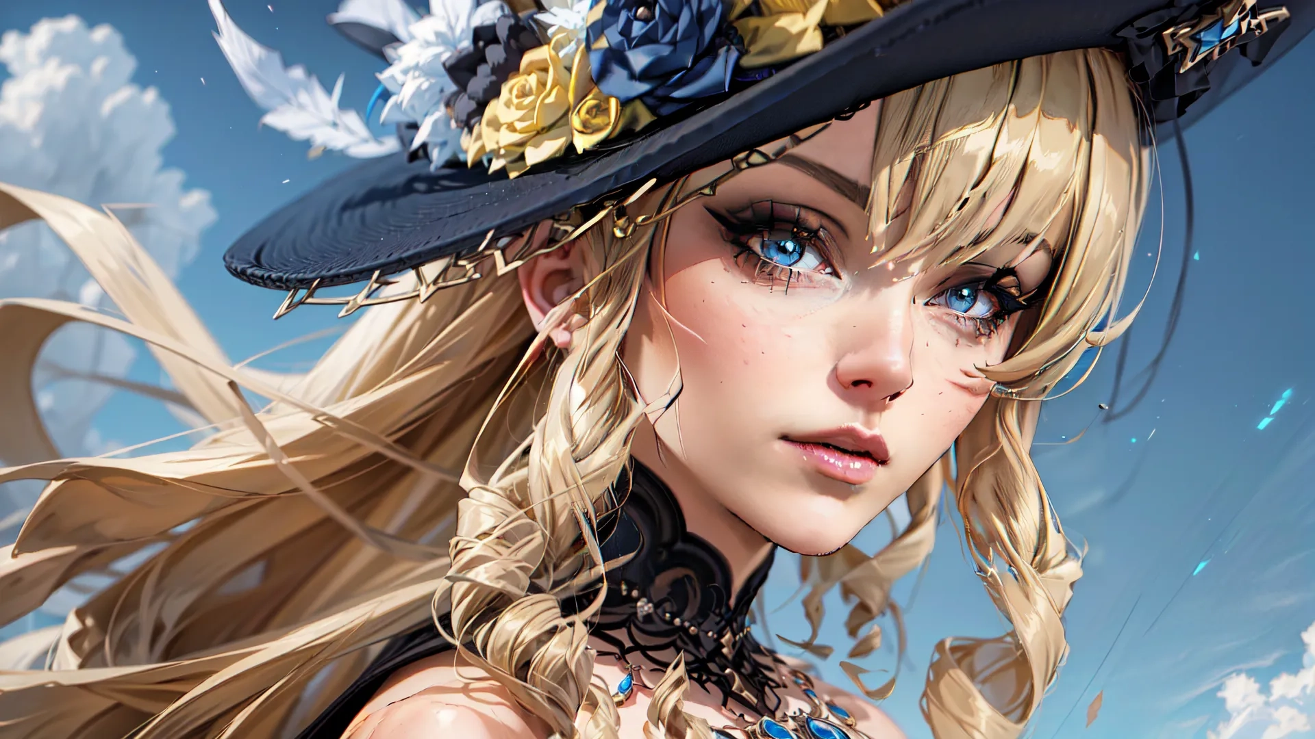 an anime girl wearing a hat with blue eyes and flowers on the head and one hand, staring up into the sky from behind that is her
