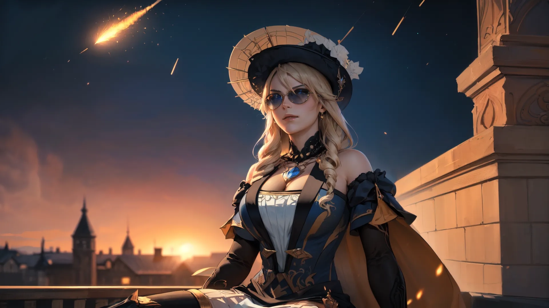 a woman in a costume and hat sitting at a table next to an umbrella next to firework balls and skyscrapers behind her, and a city