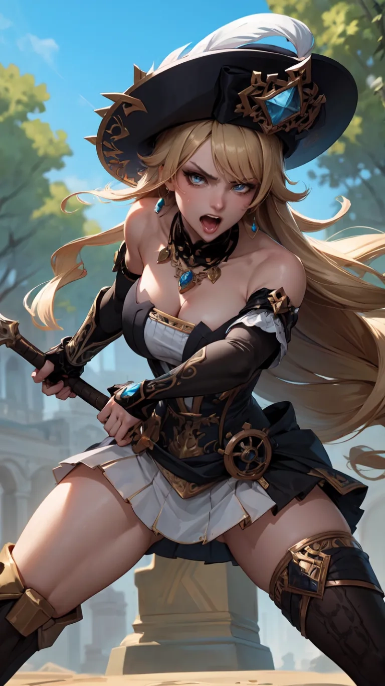 a female in her very sexy clothes holding a long knife to her chest as she holds it down and a cat sitting on another hand with its butt