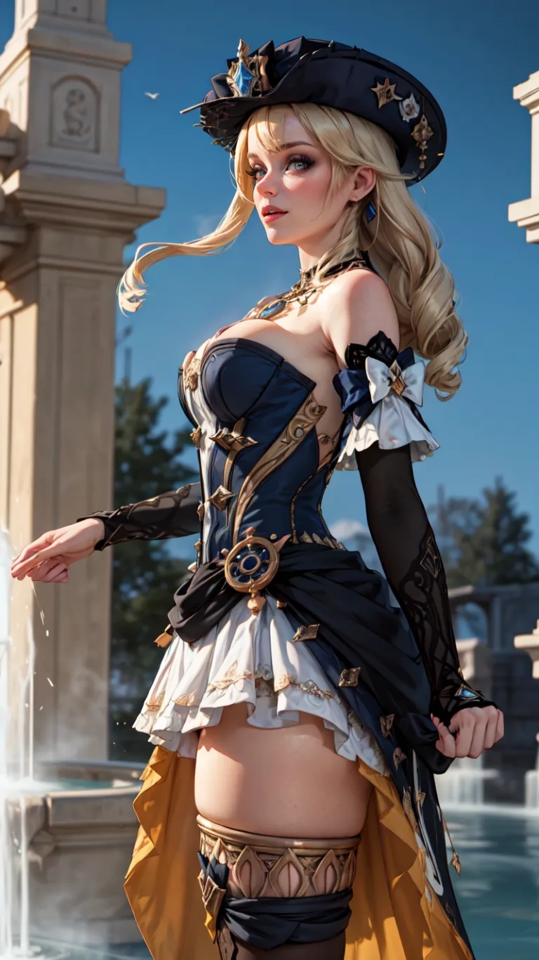 a woman with blonde hair dressed in a outfit and boots, standing near a fountain with water spouting behind her on a sunny, at daytime day