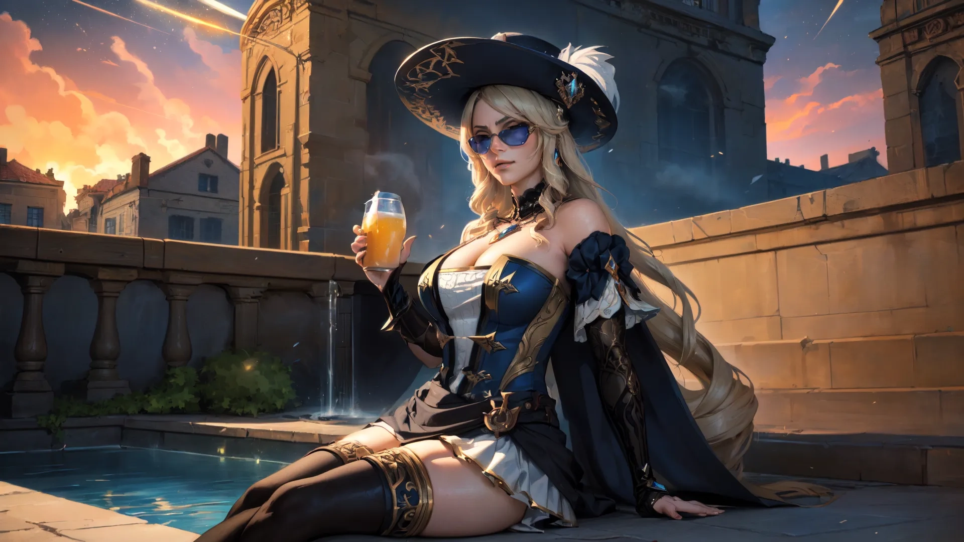a woman that is holding a glass in her hand while sitting down on the ground near a building and stairs a bridge water fireballs in the background
