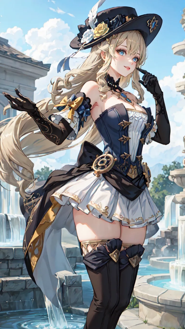 a woman is wearing a very pretty costume in the fountain area of an elaborate garden with lots of trees in the background that looks great in this