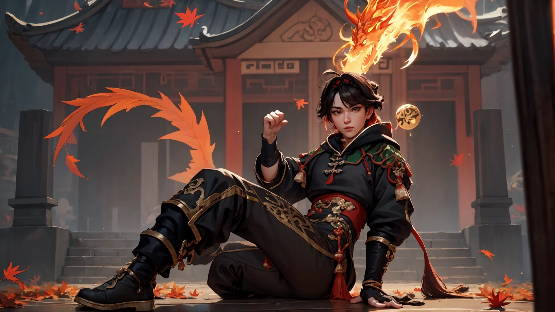the lady is sitting on the ground near fire and leaves in front of her is her legs up to her chest which is also burning up next to her right