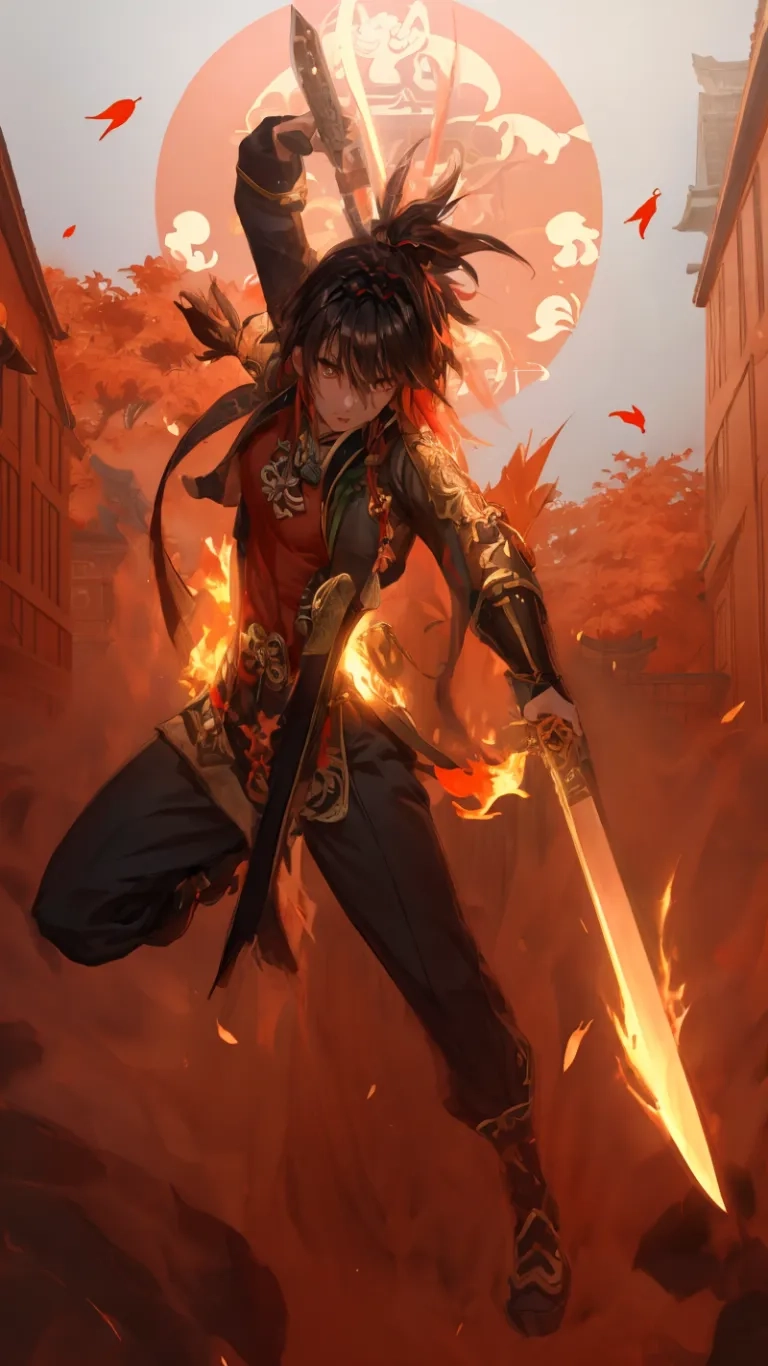 anime style artwork of samurai with sword and fiery red background over a street area with buildings and foliages around it in a surreal setting space scene
