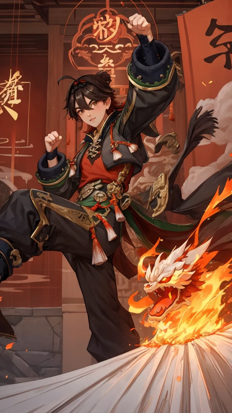 the girl is kicking her leg while sitting on fire hydrant as she is in front of red asian themed walls with text, asian scroll lettering