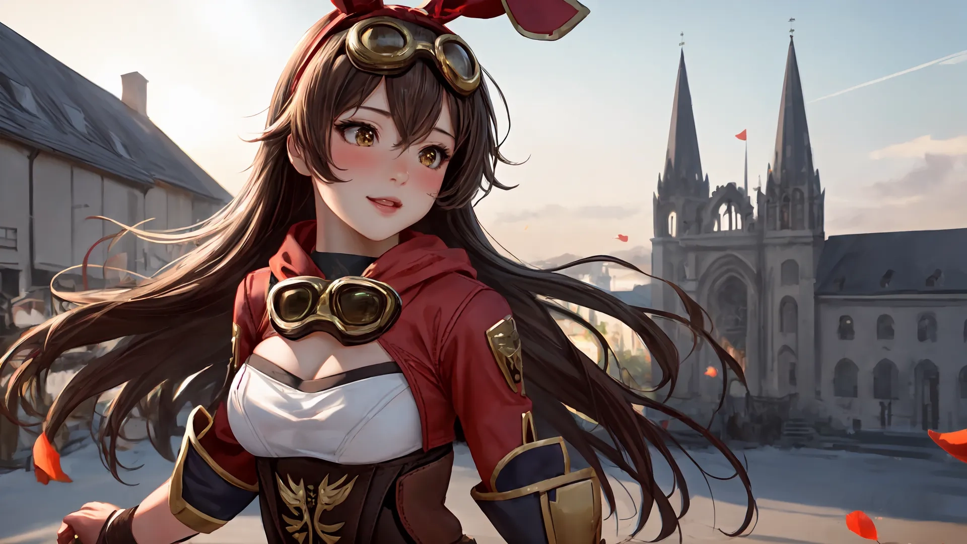 a close up of a woman holding a red heart near a church with a clock on it's face and birds flying in the sky above her head