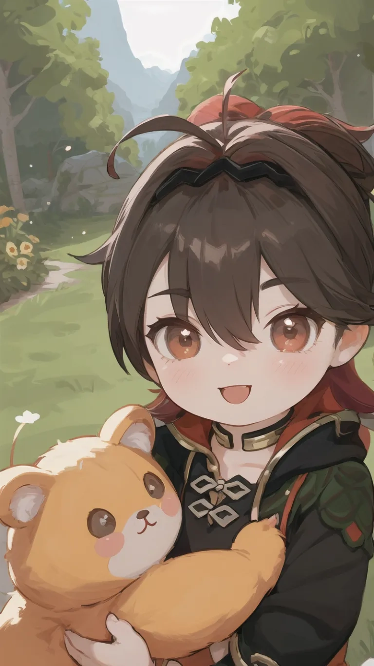 a girl holding a brown teddy bear in her hands against a green grassy forest background and a pathway running past by a stream into distance through it
