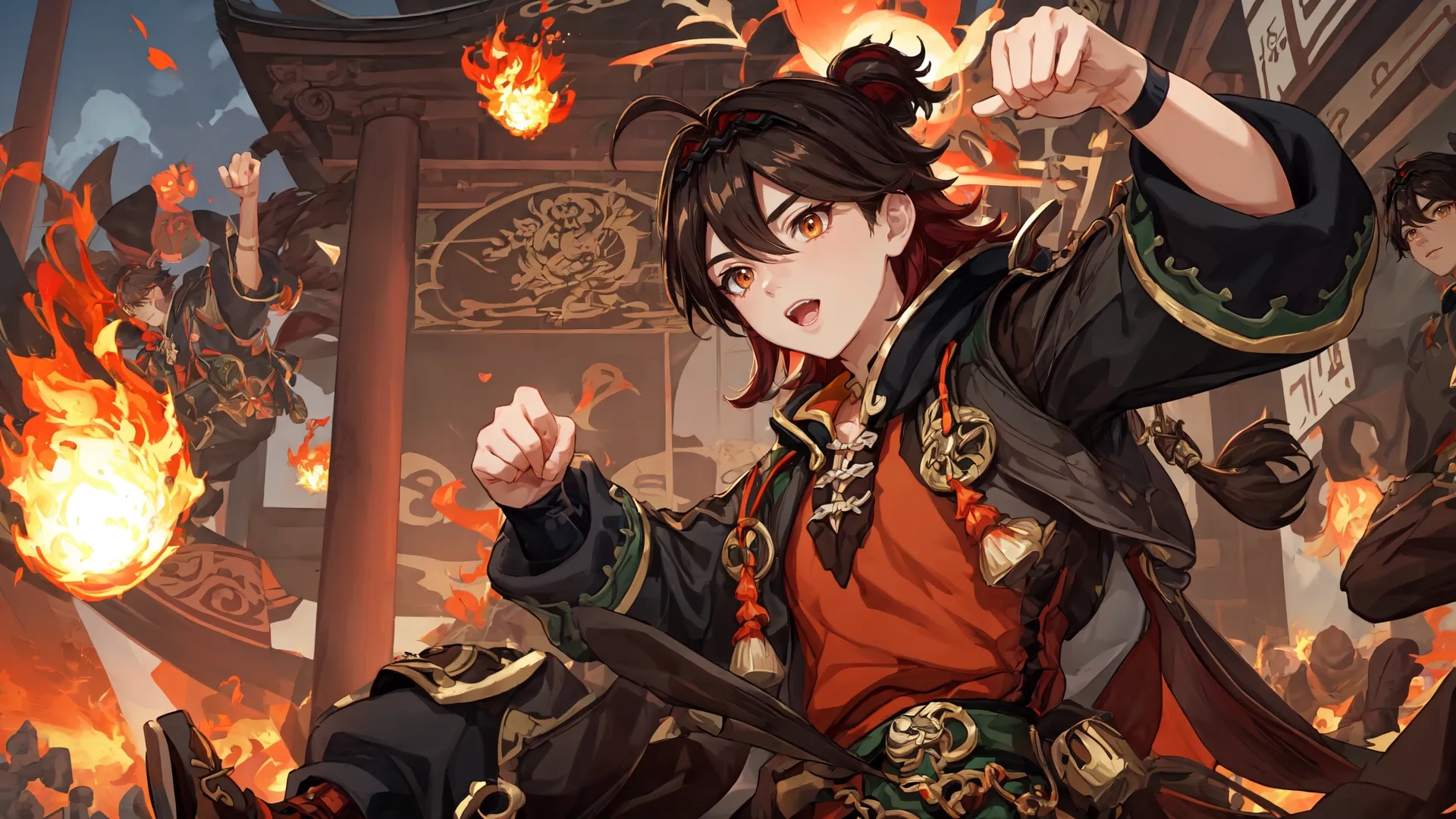some anime - like animated characters with fire in the background and a gate above them with a blue sky beyond them behind them at night - hour