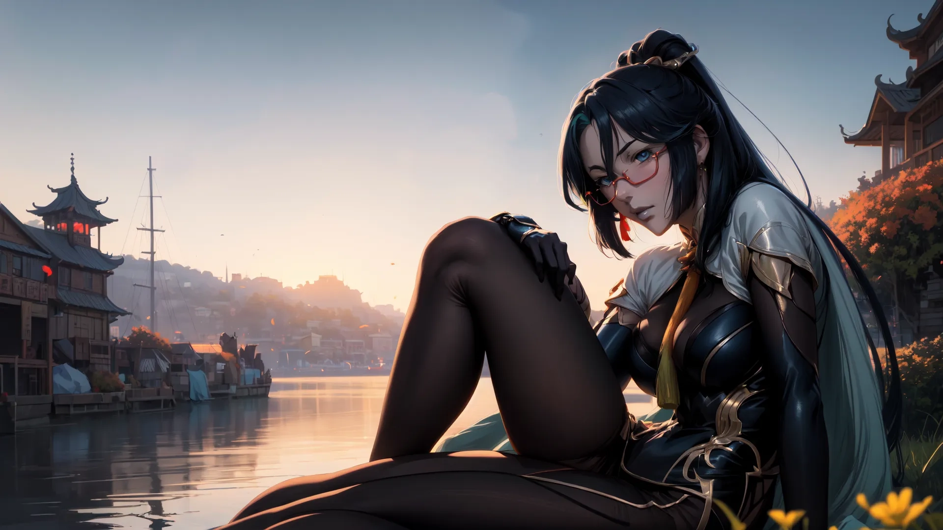 a woman posing with her feet on a bridge overlooking water and asian architecture at sunrise behind her with sun coming down on her face, and sun shining, and red glowing