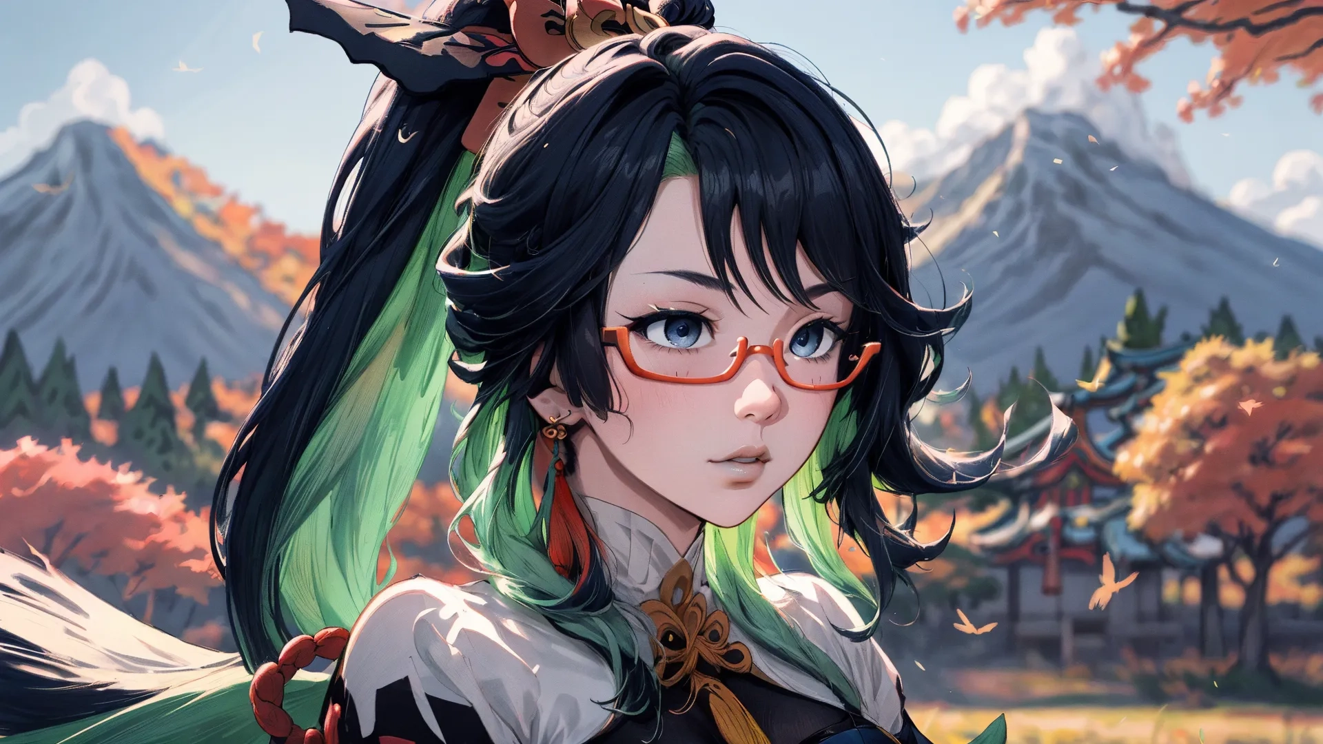 an anime girl with green hair, glasses and makeup stands in front of a mountain range with the sun behind her and fall foliages around her