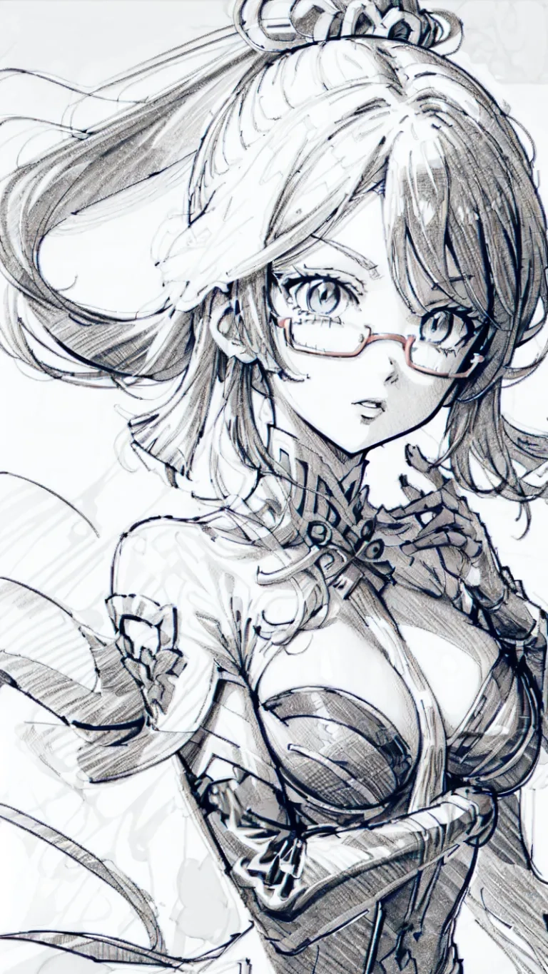 a picture of a woman wearing glasses and bikinisuits with a whip in her hand and some hair flying around her shoulders, on white paper