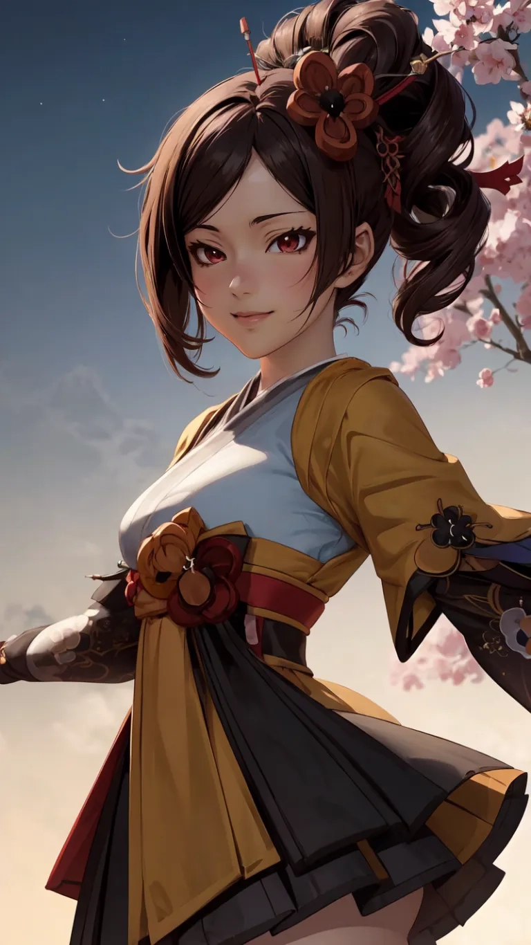 a anime girl standing under a tree with cherry blossom in her hair and flowers in her hair, wearing a shirt and a skirt and dress designed top