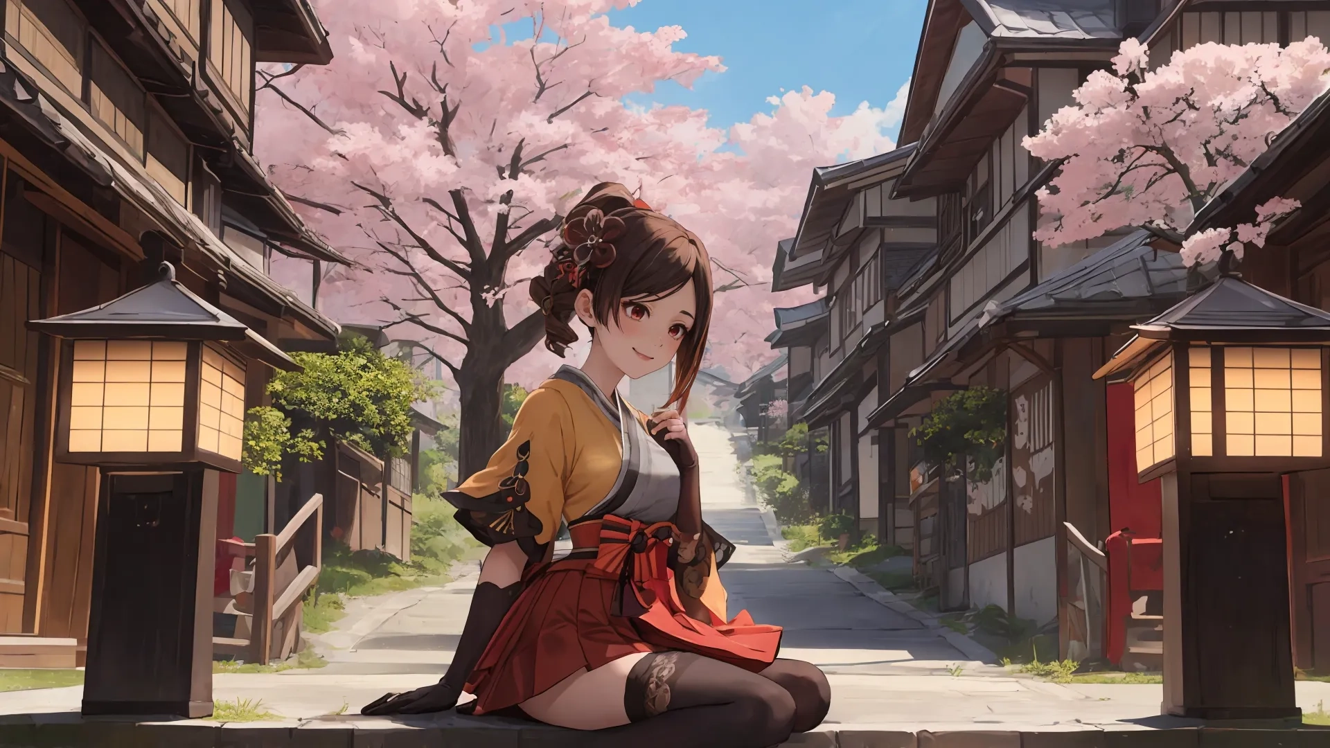 an anime girl sitting on a bench in a narrow street area with cherry bushes and a pathway with flowers nearby them in japan in spring 2019 - 21 x 20mm101