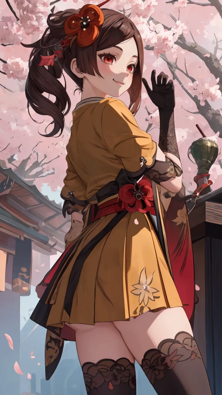a young asian woman with a brown jacket on is dressed in traditional dress and gloves, with hands out, wearing a pair of high heeled boots