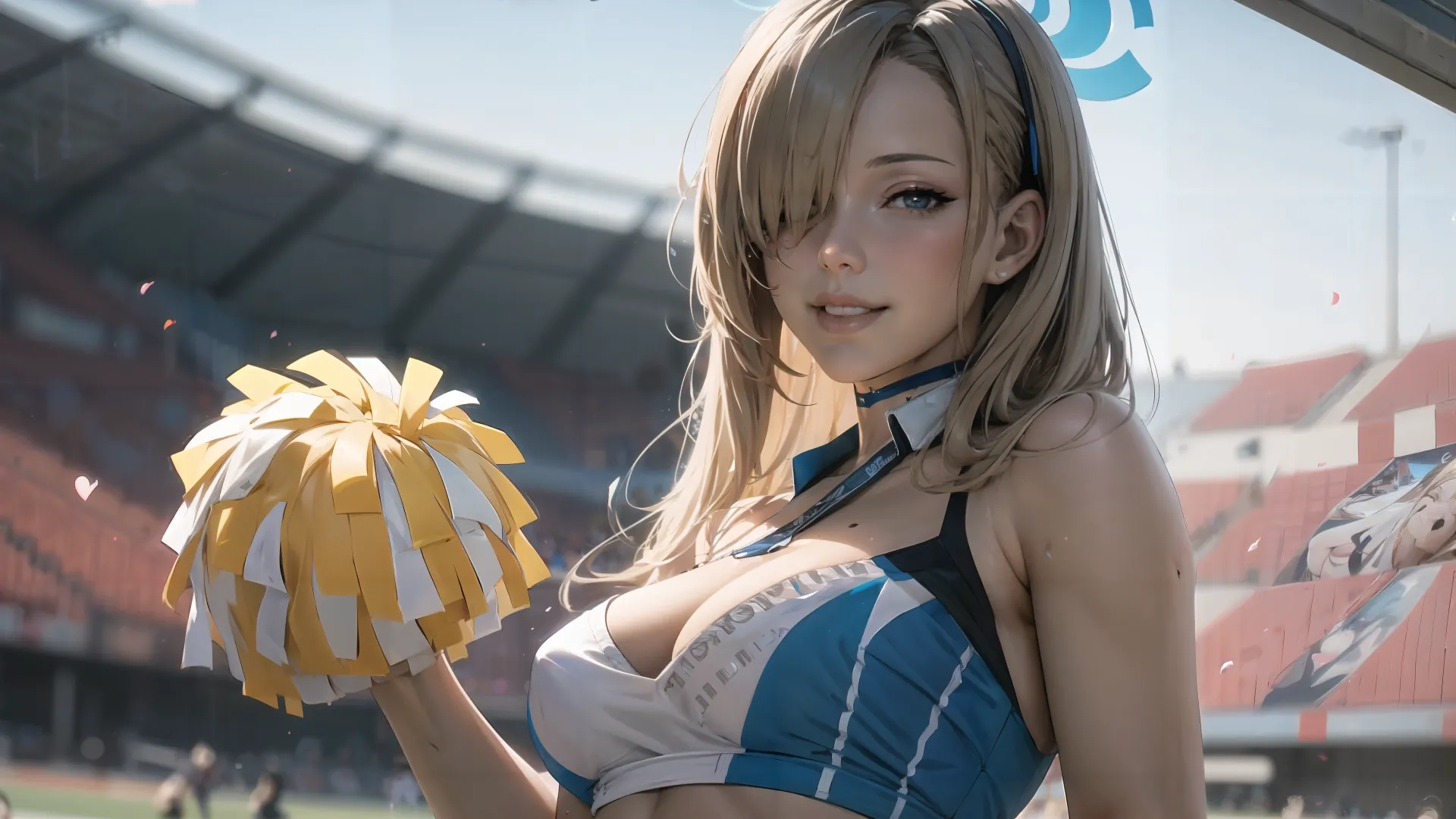girl in bikini costume holding yellow and white pom poms at sports field with stadium with people sitting on bench in backroom in background and audience
