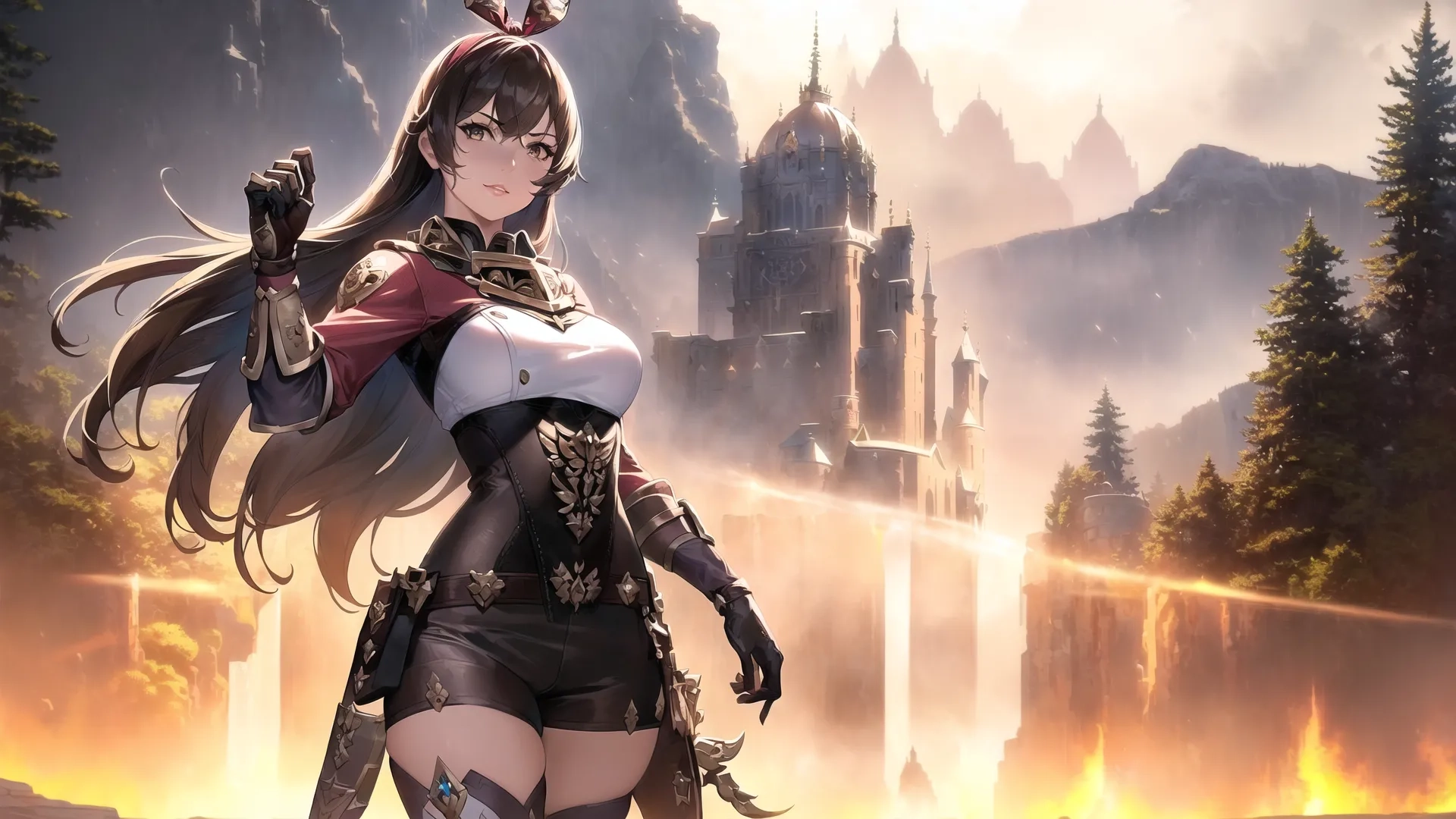 a girl in a fantasy setting holding a sword out from a ruin like area of stone surrounded by a hill, pine trees and a castle with glowing towers in the background