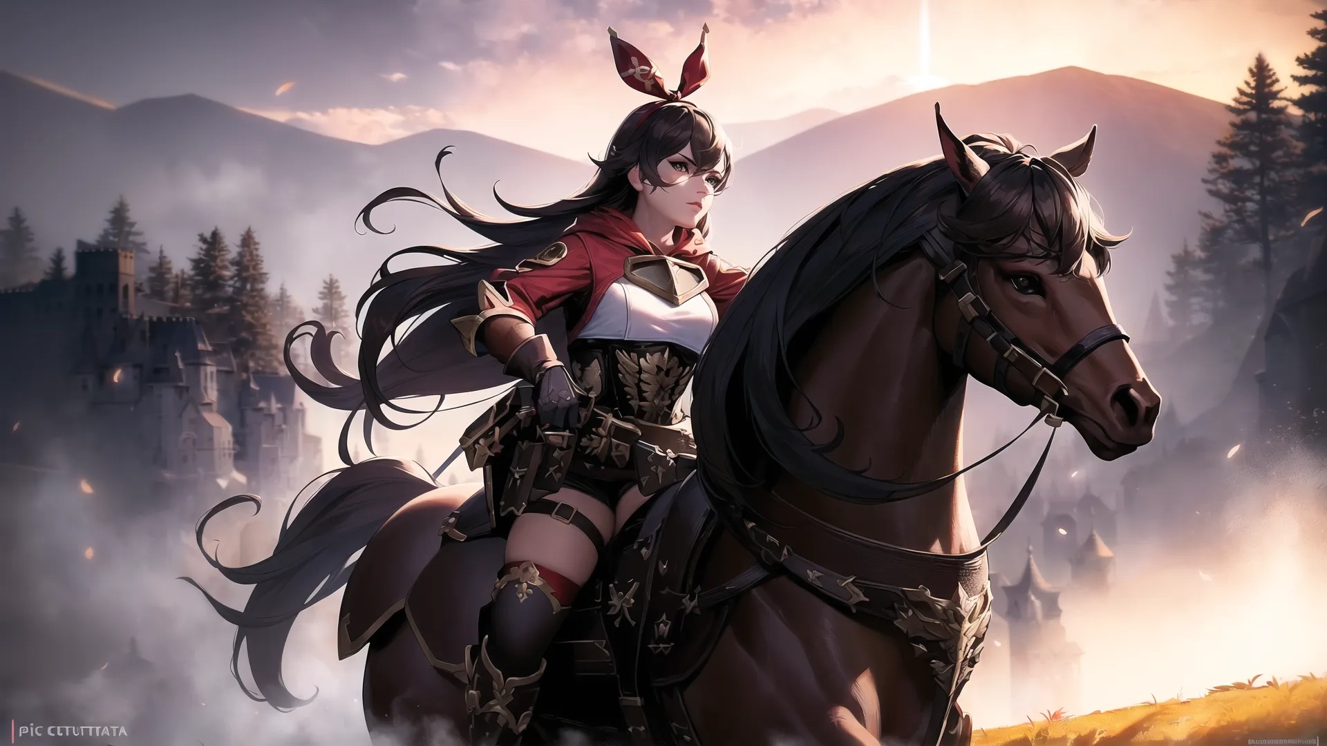 a girl is riding a horse while some mountains are in the background and there are trees and rocks all around the postcard area with a star