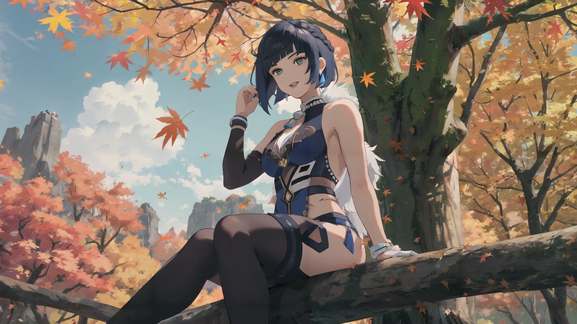 a woman sitting on top of a tree branch, holding a glass next to her head, smiling and looking to the right of the viewer with the viewer in