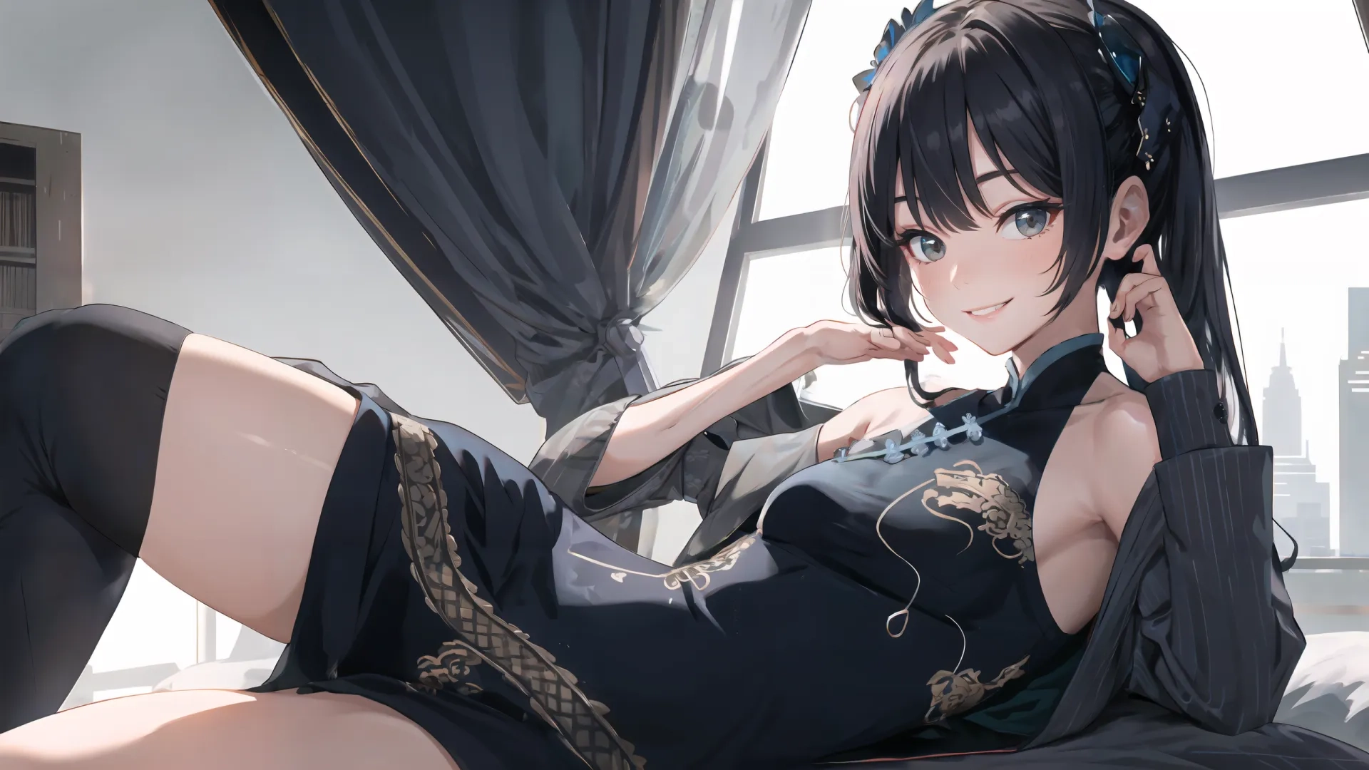 a young asian woman with long hair laying on a bed and posing for a picture wearing a headband while sitting next to the window to a curtain or standing
