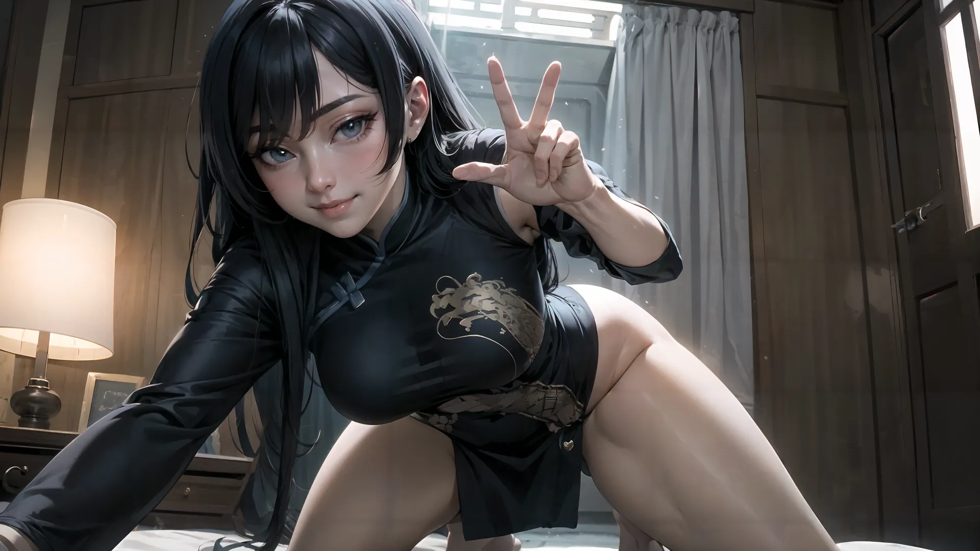 a naked woman on the bed making the v sign gesture in a room with wood paneled walls and flooring in the background, has a lamps, large window with curtains