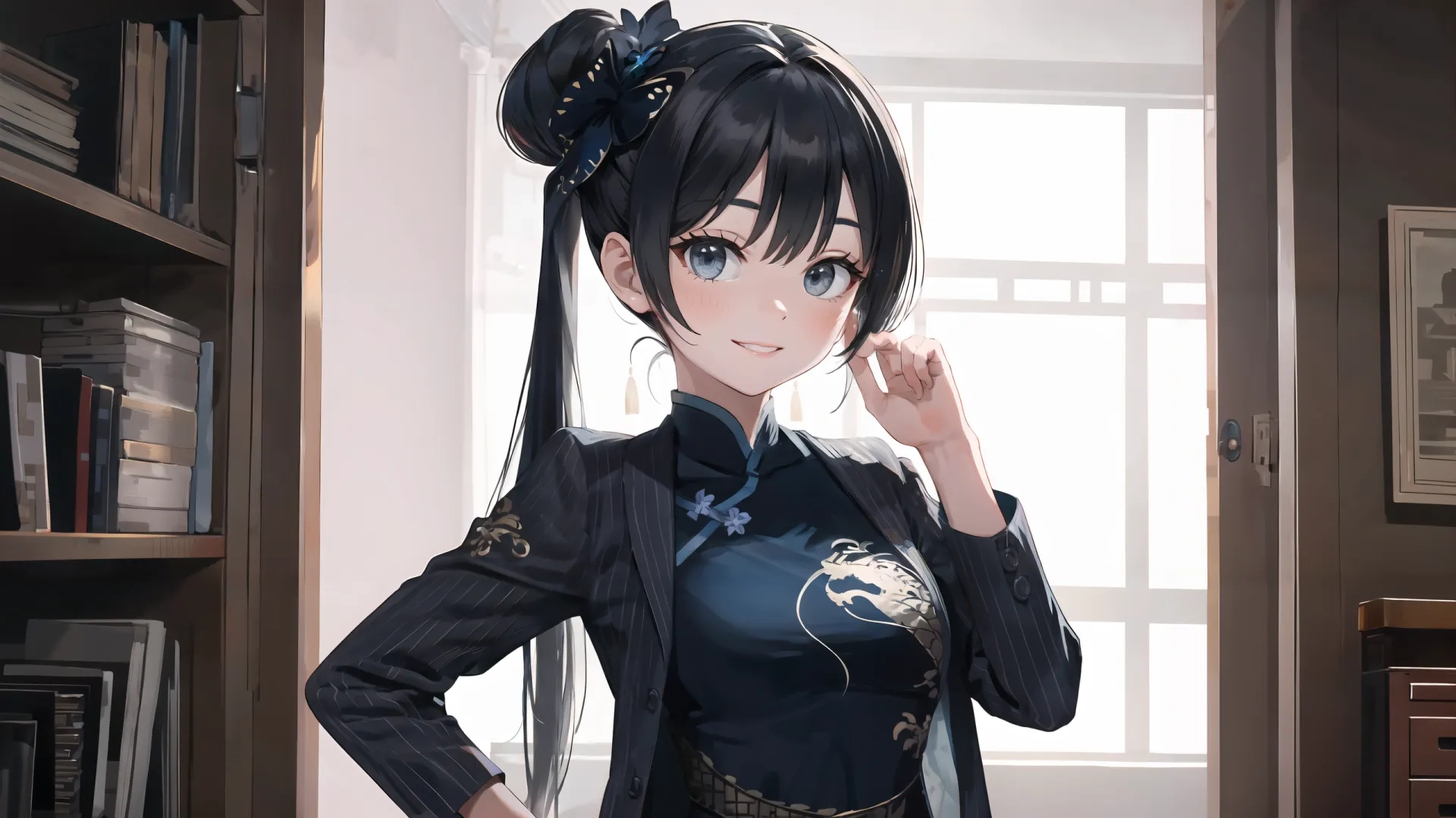 a cartoon woman in anime style clothing with her hands on her face with a bookcase behind her and a large window on the side of the room that has a bookshelf