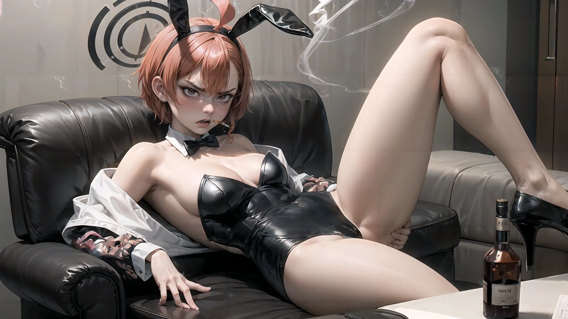 this is a women who is wearing wet clothes and lingery panties in a chair with some shoes and a bottle on her knee holding beer in hand and smoking