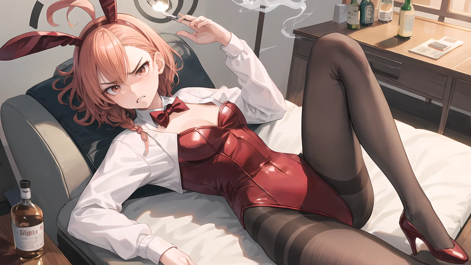 a anime girl laying in a chair holding a cigarette and some books on a table next to the wall with alcohol bottles, a clock and two lamps next to a lamp