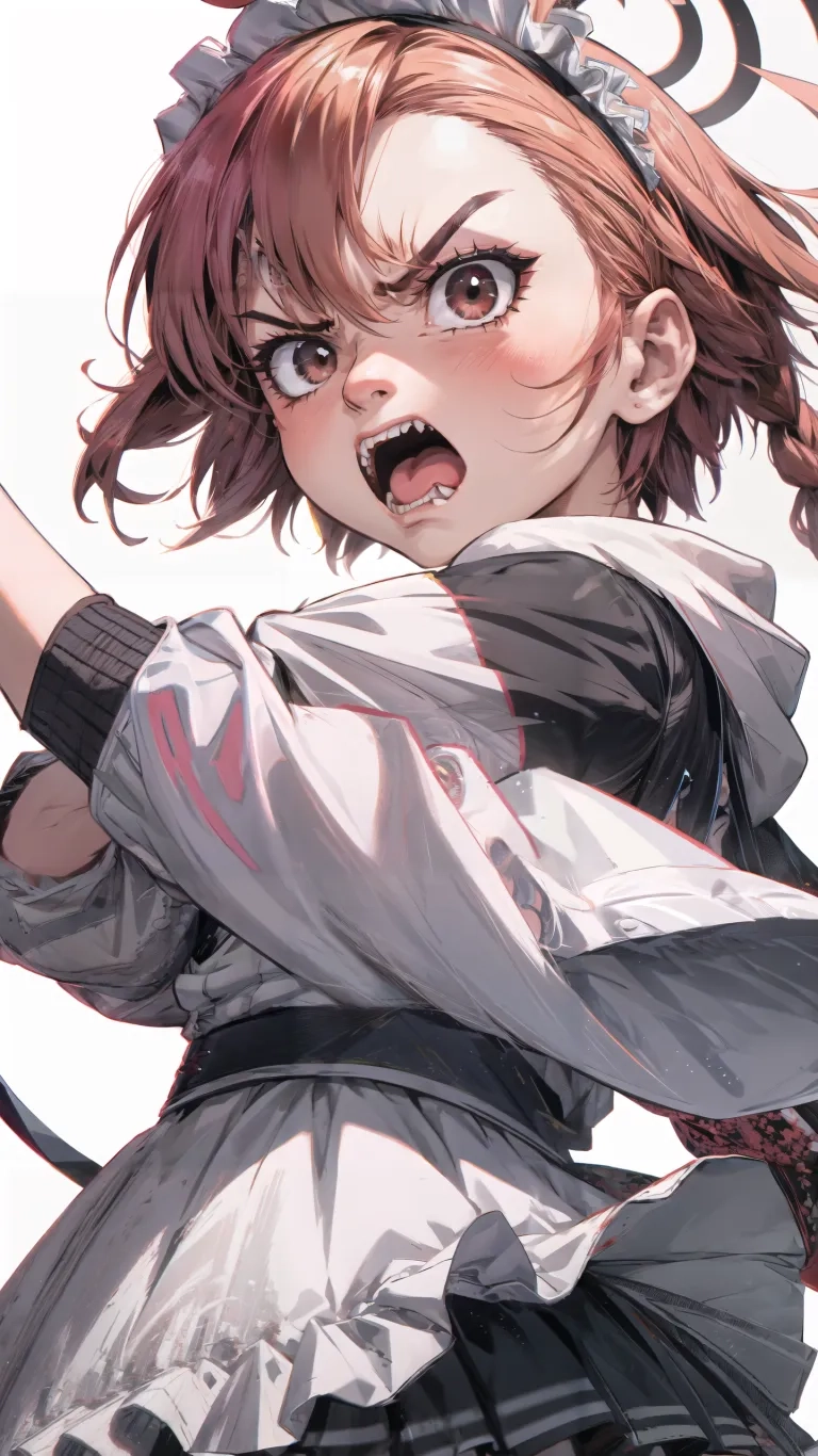 a anime with a cat ears and a headband wearing a dress and holding a gun in her hand and a bow in her hand with a head in one hand, and another hand