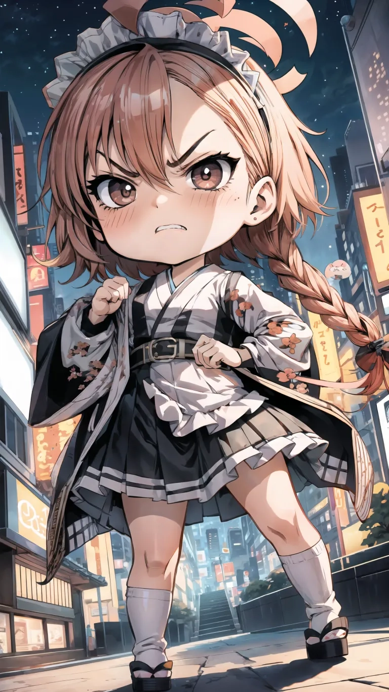 anime woman in a maid costume holding her arms out while walking on the street with a umbrella in her hand and buildings behind her and street lamps in the sky