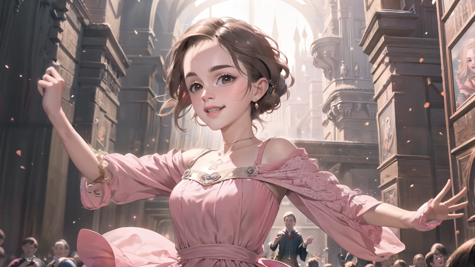 girl in pink dress on busy street near building and crowd, with hands up, raising up hand to side and head tilted in picture, her right direction, head, with sky
