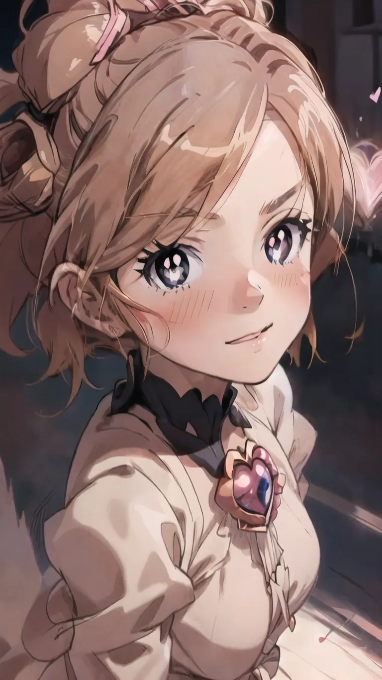 a anime character with long blond hair and blue eyes and an adorable outfit with a bow on her head is staring intently at something in the camera, while her left