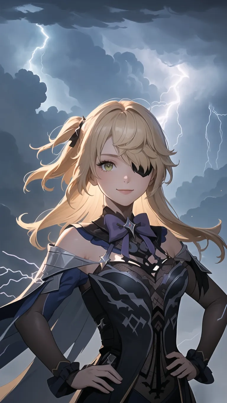 an anime - style female warrior ready for battle in the storm storming skies area of the world, surrounded by a lightning storm and blue storm