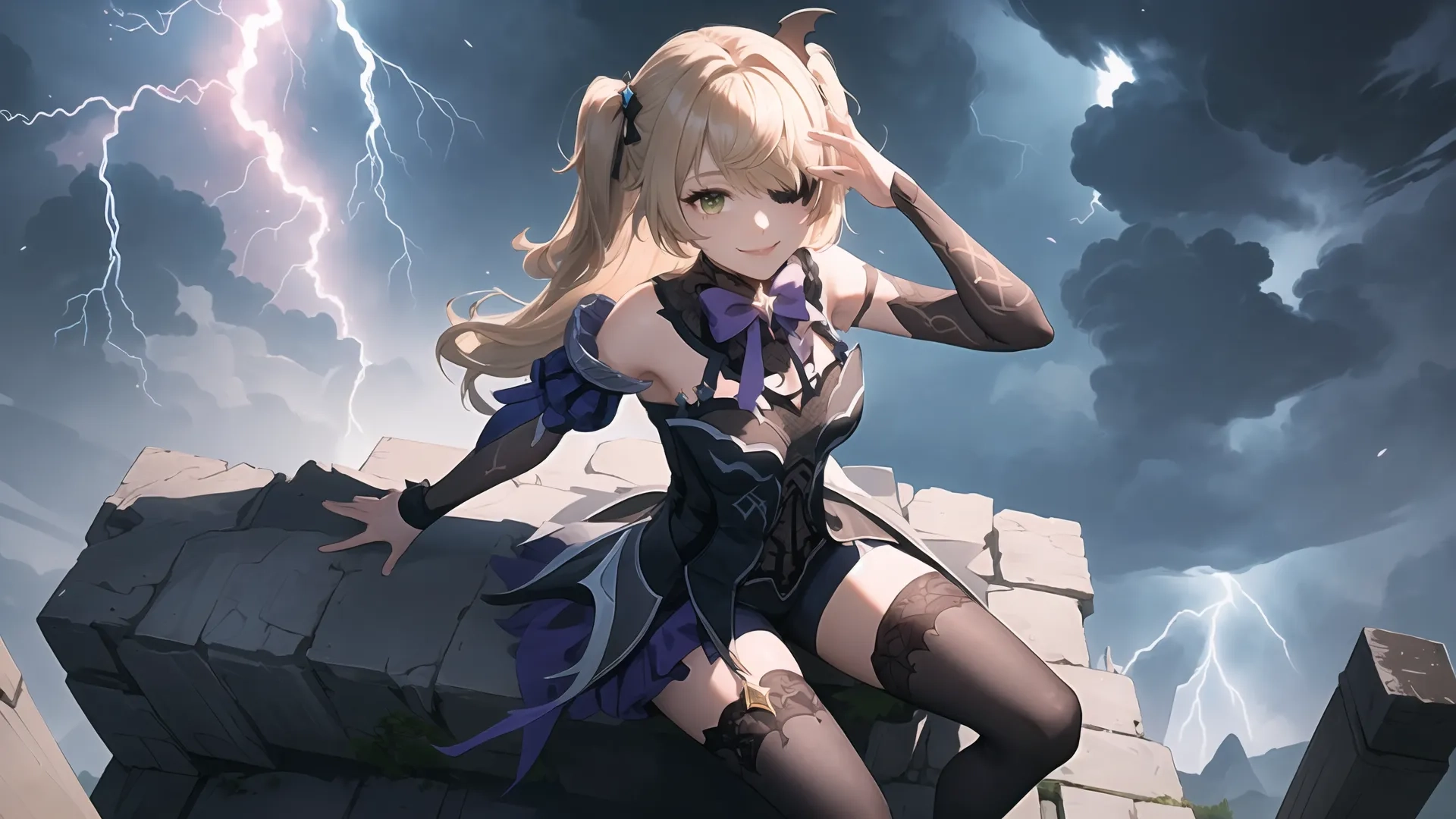 there is a girl sitting on a brick tower having a thunder storm in the background over her head and lightningening the sky in the sky