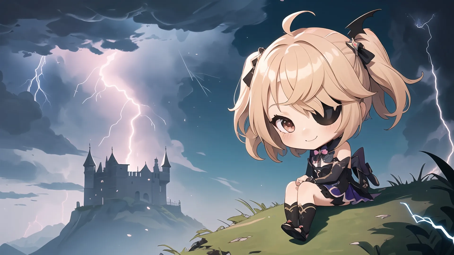 a cartoon female sitting on top of a hill with a castle in the background to her left and some lightning coming up in the dark