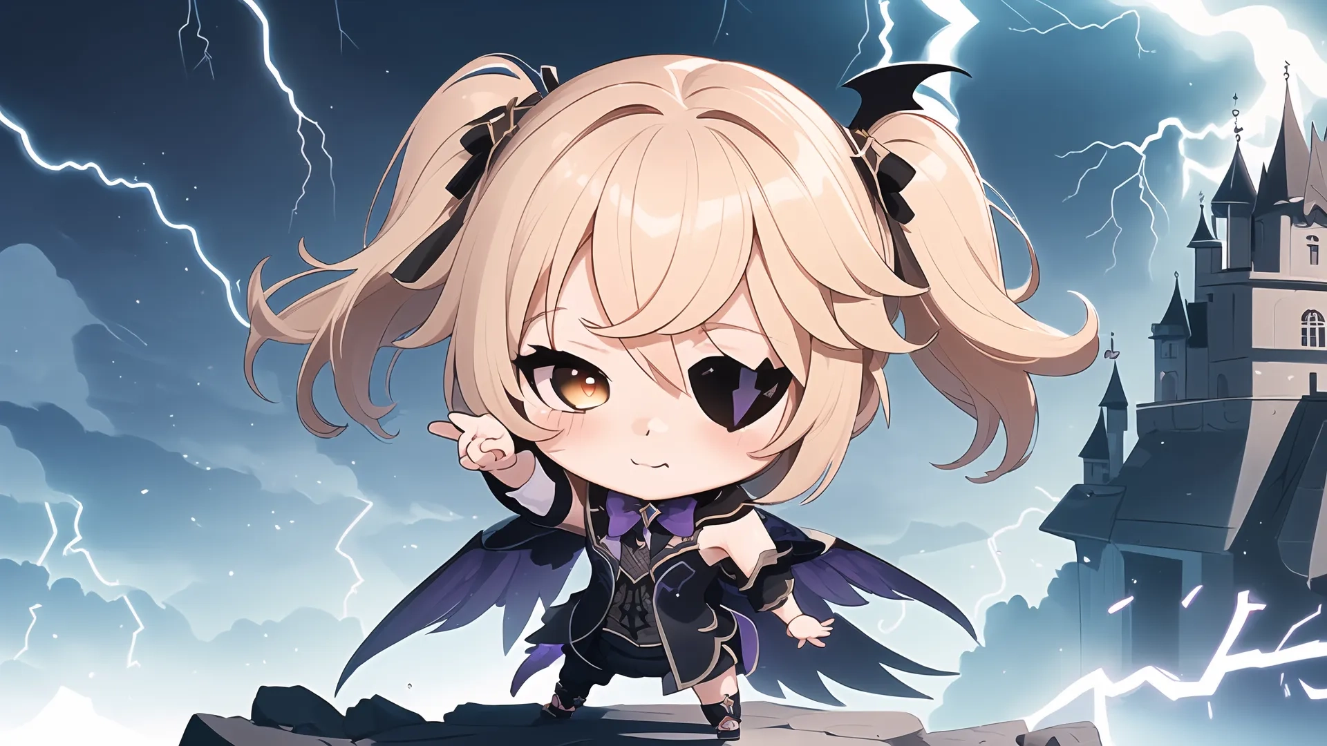 a woman in white and black dress holding her fist out is standing near an old castle with stormy sky in the background and lightning coming