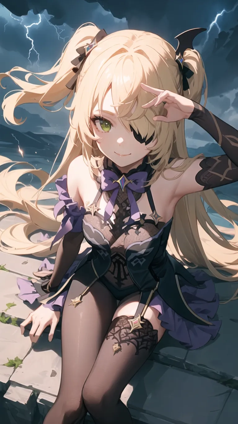 a female anime with blonde hair and eyes dressed in blue dress and black stockings sitting on street next to water near rock wall and rocks