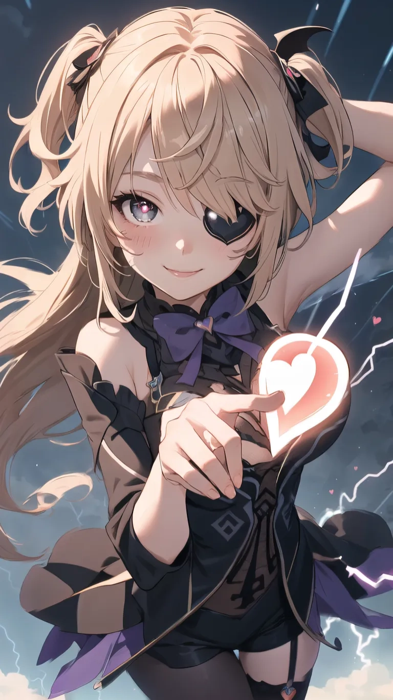 a girl in a sailor outfit holding a heart and posing for the camera at night time with bright lighting from behind her on an ominous sky background