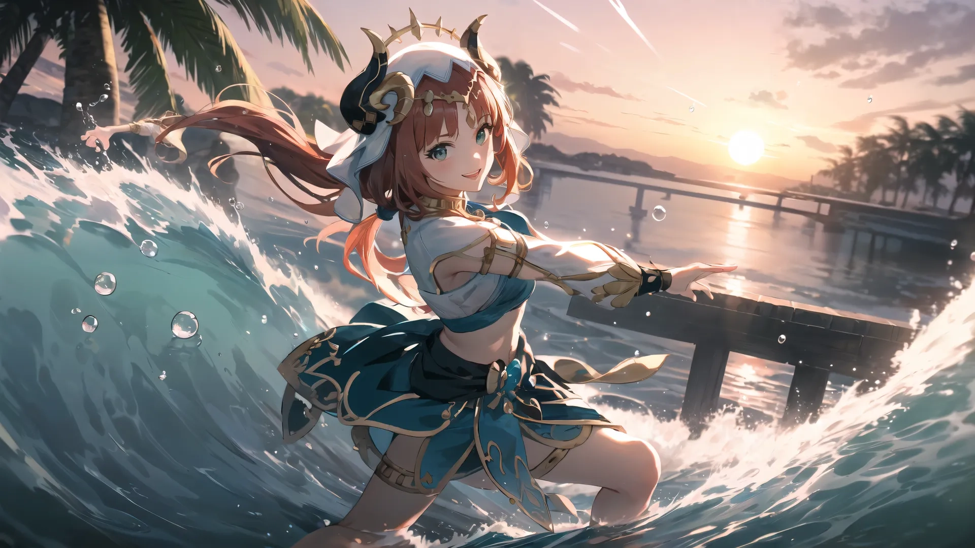 a pretty little girl with an umbrella riding a wave in the ocean and a big sky behind her her by some water with palm trees