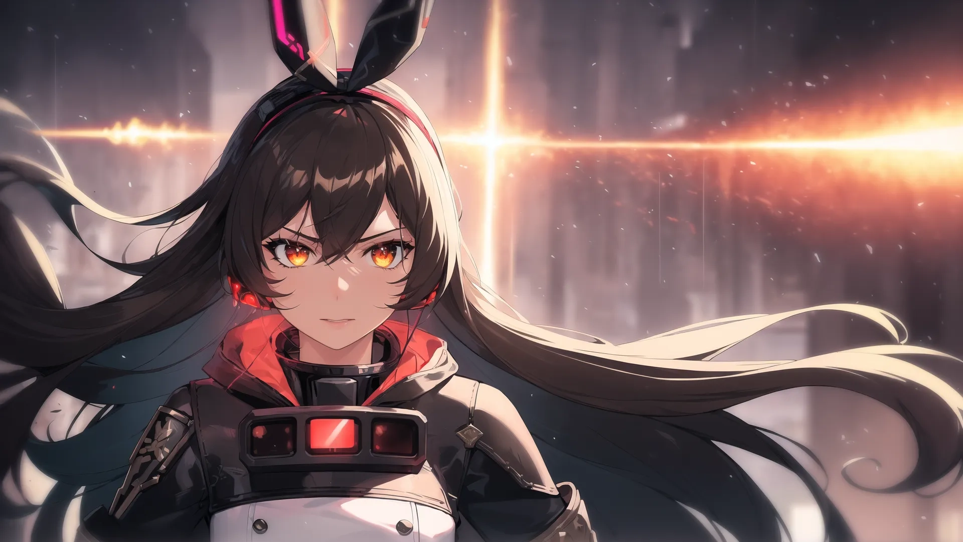 girl looking at camera while wearing rabbit ears and bunny horns with dark hair in rain showering room, in front of sun beams and stars, full moon sky