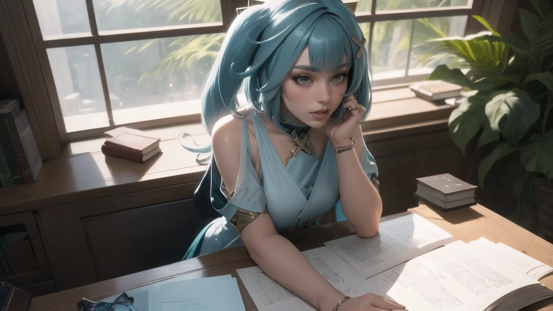 a woman sitting at her desk with her book looking down on a cell phone in her hand as she looks through some papers while reading